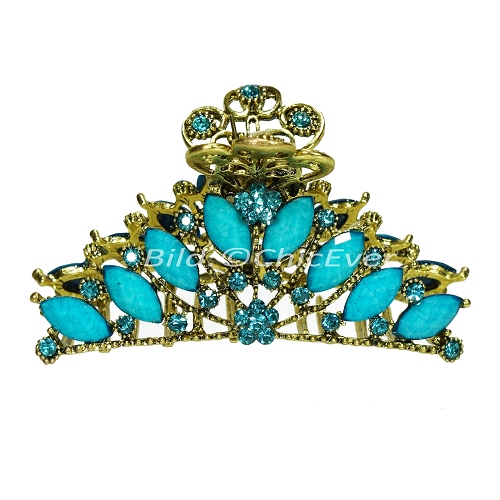 Haargreifer L Vintage Haarkneifer Haarklammer Metall & Strass türkis blau gold 5119b - zum Schließen ins Bild klicken